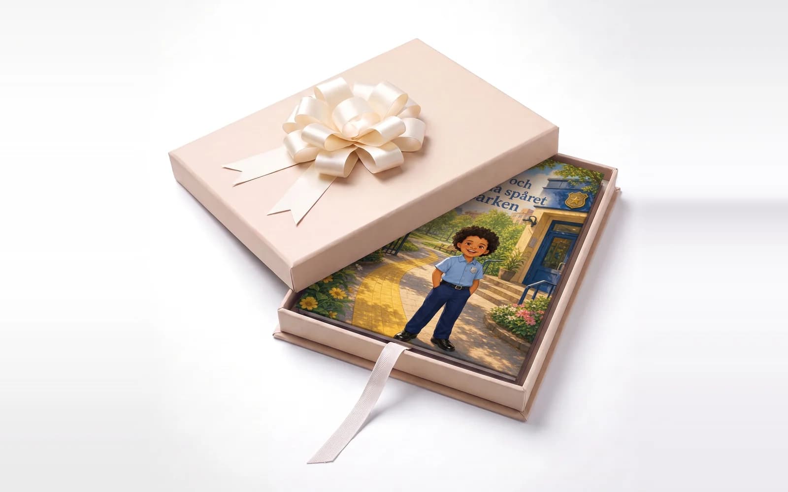 The hardcover storybook lying in its cream gift box, the lid lifted to one side and tied with a satin bow