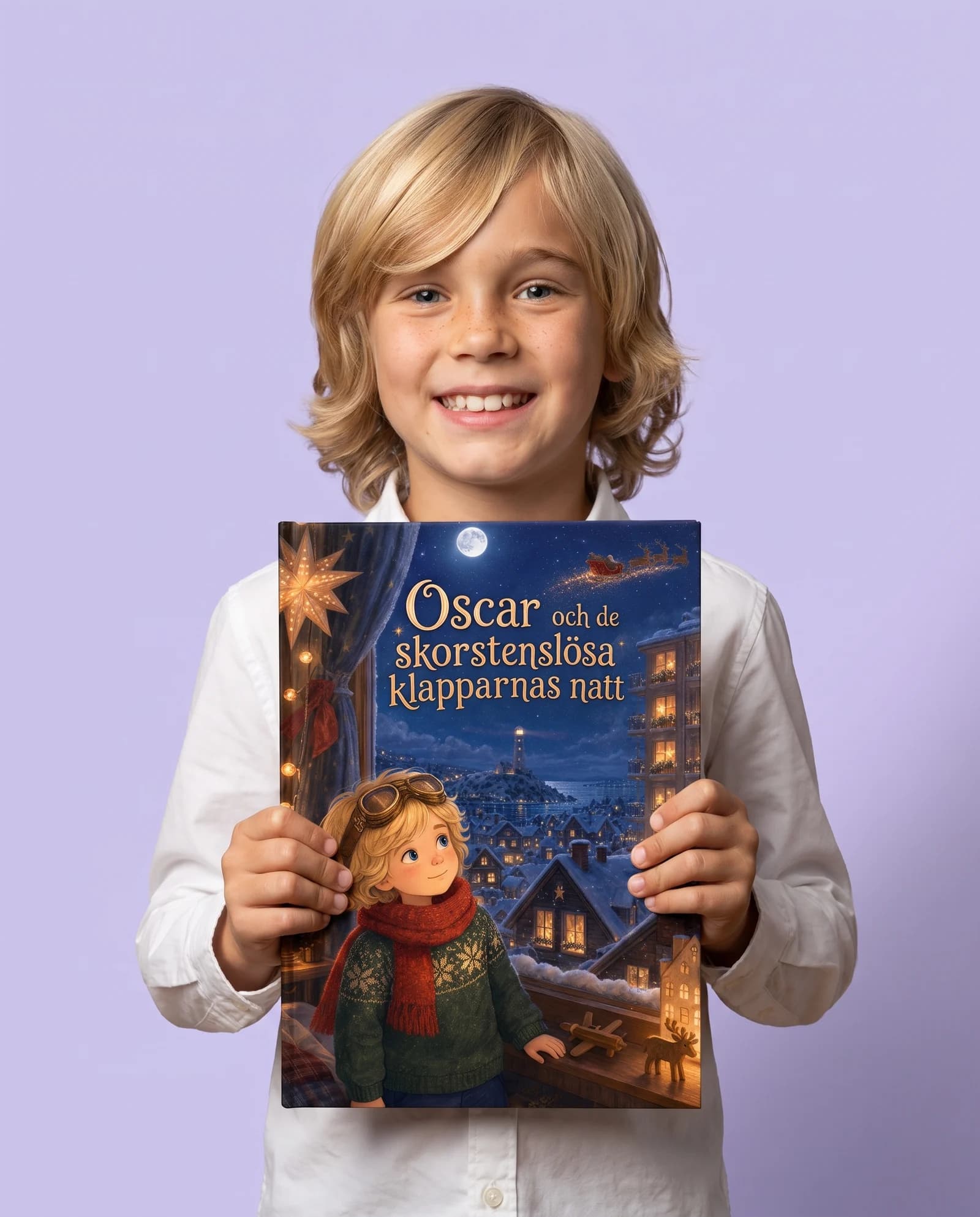 A boy holding his personalised Christmas picture book, his own name on the cover